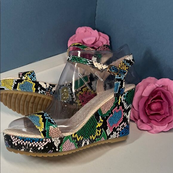 New w/o Box! Vibrant Multicolor Faux Snakeskin Platform Wedge Sandals Womens 42 - Picture 1 of 8